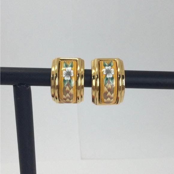 Hermes Vintage Cloisonne' Luxury Enamel Floral Clip On Earrings in original box - Picture 4 of 9